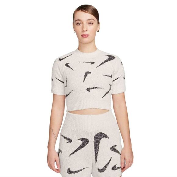 Nike Phoenix Cozy Bouclé Logo Print Slim Fit Cropped Casual Knit T-Shirt Small S - Picture 1 of 13